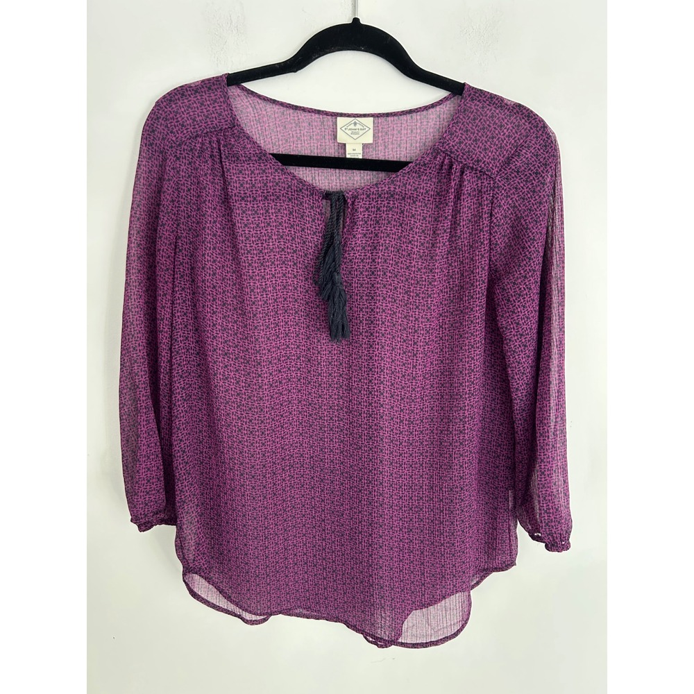 St Johns Bay Womens Medium‎ Purple Geometric Tassel Peasant Blouse Sheer Top